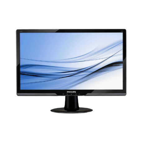 The Philips 244EL2SB is a 24" Full HD LED monitor (1920x1080, 16:9, VGA/DVI/HDMI) with a black frame, showing a blue and white abstract wave pattern on screen against a white background.