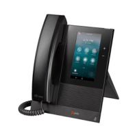 The Polycom CCX 400 is a certified refurbished black IP phone with a 5" touchscreen for Microsoft Teams, Android OS, PoE support, and a corded handset on an upright stand—ideal for any professional workspace.