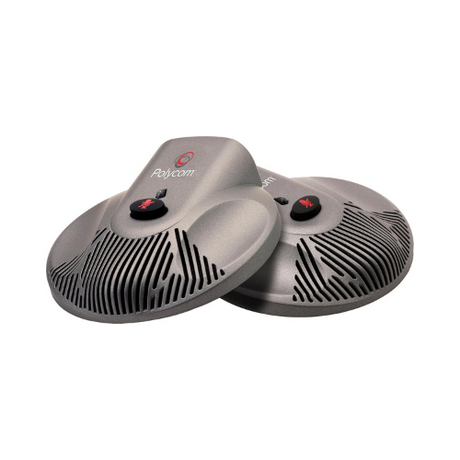 Two Polycom 2201-15855-001 Extended Microphone SoundStation Duo CX3000 units, with black and red buttons and a sleek gray ribbed design, are shown overlapping on a white background—ideal for improved conference room audio.