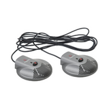 Two round, gray Polycom 2201-15855-001 microphones with black grille patterns and red power buttons, linked by a long black cable—designed for conference room audio as part of the Polycom SoundStation Duo CX3000 Extended Microphone Kit.