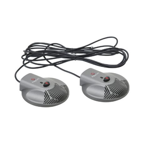 Two round, gray Polycom 2201-15855-001 microphones with black grille patterns and red power buttons, linked by a long black cable—designed for conference room audio as part of the Polycom SoundStation Duo CX3000 Extended Microphone Kit.