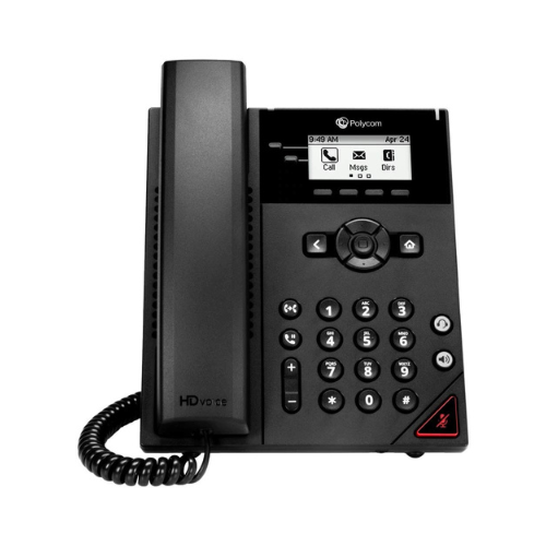 The Polycom VVX 150 2-Line Business VoIP IP Desk Phone PoE (certified refurbished) features a small display, keypad, and coiled corded handset. The screen displays call options and date; a red light signals mute. Brand: Polycom.