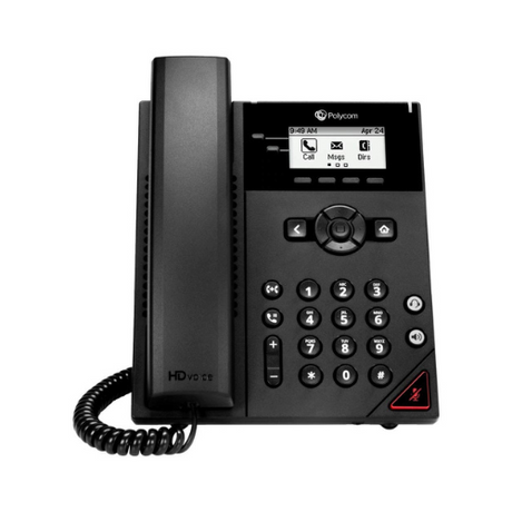 The Polycom VVX 150 2-Line Business VoIP IP Desk Phone PoE (certified refurbished) features a small display, keypad, and coiled corded handset. The screen displays call options and date; a red light signals mute. Brand: Polycom.