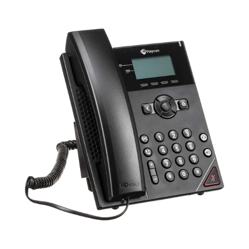 A certified refurbished Polycom VVX 150 2-Line Business VoIP IP Desk Phone PoE with a corded handset and small display rests on a white background.