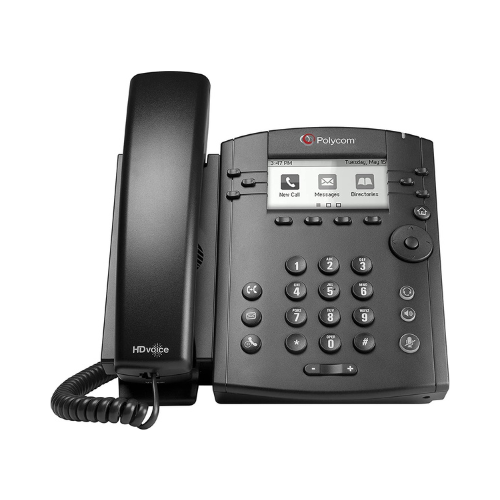 A certified refurbished Polycom VVX300 Business IP VoIP Network SIP Phone in black, featuring a digital display, keypad with number/function buttons, handset with coiled cord, and warranty—ideal for reliable office use.
