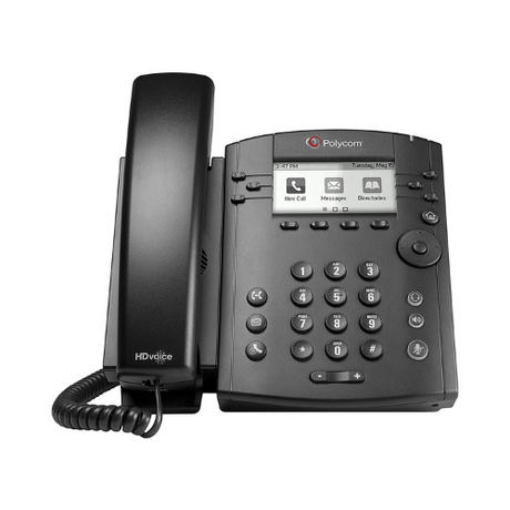 A certified refurbished Polycom VVX300 Business IP VoIP Network SIP Phone in black, featuring a digital display, keypad with number/function buttons, handset with coiled cord, and warranty—ideal for reliable office use.