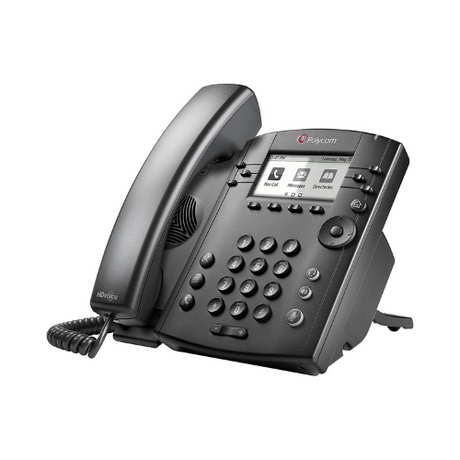 A certified refurbished Polycom VVX300 Business IP VoIP Network SIP Phone by Polycom, featuring a black handset, display screen, numbered keypad, function buttons, and coiled cord.