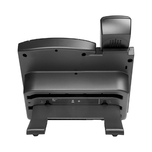 A back view of the Polycom VVX300 Business IP VoIP Network SIP Phone by Polycom, highlighting its handset and multiple base ports for cable connections; this certified refurbished device includes warranty for your office setup.