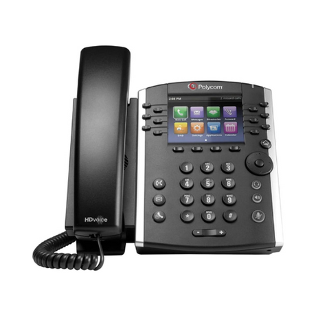 A certified refurbished Polycom VVX 410 Business IP Phone by Polycom features a corded handset, numeric keypad, navigation buttons, and a color display with icons for business VoIP functions. Includes 12-line support and Gigabit Ethernet.