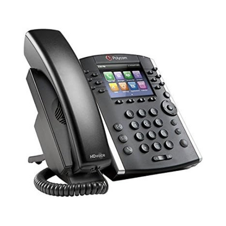 A certified refurbished Polycom VVX 410 Business IP Phone features a color display, numeric keypad, multiple buttons, and corded handset. This 12-line VoIP phone supports Gigabit Ethernet and includes warranty.