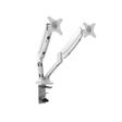 The Rapidline Executive Dual Gas Spring Monitor Arm (EDMARM WH) in white features adjustable arms, VESA-compatible plates, and a sturdy clamp base for ergonomic dual monitor setups.