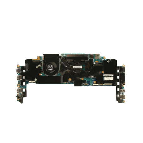 A Lenovo ThinkPad X1 Yoga Gen 1 i7 6600U 16GB Motherboard (model 00JT811) by Lenovo, showing ports, chips, LPDDR3 RAM, and a cooling fan, is isolated on a white background.