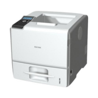 The Ricoh Aficio SP 5200DN Monochrome Laser Printer by Ricoh features a compact, boxy design, digital display on the top left, top paper input tray, and front output tray—ideal for high-volume office printing at up to 47ppm with duplex network capability.
