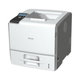The Ricoh Aficio SP 5200DN Monochrome Laser Printer by Ricoh features a compact, boxy design, digital display on the top left, top paper input tray, and front output tray—ideal for high-volume office printing at up to 47ppm with duplex network capability.