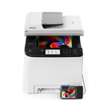 The Ricoh SP C262SFNW Color Laser All-in-One Printer, in white, is shown wirelessly printing a color page for small businesses while a connected smartphone displays the same colorful image.