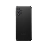 A black Samsung Galaxy A32 SM-A326B 5G 128GB Unlocked Smartphone by Samsung is seen from the back, featuring four rear cameras and an LED flash in the top left corner, with the Samsung logo near the bottom on a white background.