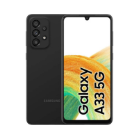 A certified refurbished Samsung Galaxy A33 SM-A336E 128GB Black smartphone with a cracked screen is shown front and back. The display features “Galaxy A33 5G” graphics, while the rear view highlights its quad-camera setup.