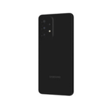 A certified refurbished Samsung Galaxy A33 SM-A336E 128GB Unlocked Smartphone in black with a cracked screen is shown from the back, displaying multiple camera lenses and a flash in the top left corner, plus the Samsung logo near the bottom.