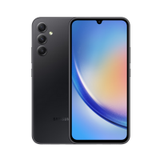 A certified refurbished Samsung Galaxy A34 5G SM-A346E 128GB Unlocked Smartphone by Samsung features three rear cameras, LED flash, and a vivid Super AMOLED display showing an abstract background, with both front and back visible.