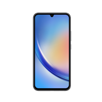 A Samsung Galaxy A34 5G SM-A346E 128GB Unlocked Smartphone by Samsung displays a vibrant blue, orange, and yellow gradient wallpaper on its large Super AMOLED screen with a slim black frame against a white background.