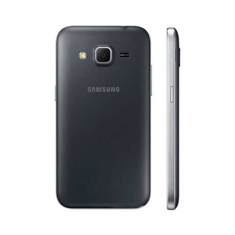 A black Samsung Galaxy SM-G360G Core Prime (8GB, 1GB RAM, Unlocked) is shown from the back and side, highlighting the camera, flash, Samsung logo on the back, and a slim profile with a single side button.