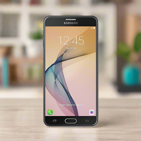 A Samsung Galaxy J7 2016 16GB Unlocked Android Smartphone by Samsung stands upright on a wooden surface, displaying the time 12:45, date Thursday, 1 September, and app icons for phone, messages, and internet.