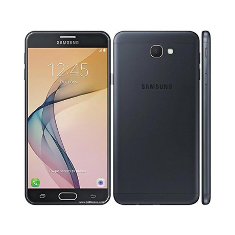 Front, back, and side views of a black Samsung Galaxy J7 2016 16GB Unlocked Android Smartphone | Wty by Samsung, with the screen showing time, date, and icons; rear view displays the camera and Samsung logo.