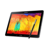 A certified refurbished Samsung Galaxy Note 10.1 2014 LTE Tablet with S Pen by Samsung is shown with the stylus resting on its vibrant screen, set against a white background.