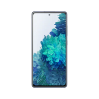 A Certified Refurbished Samsung Galaxy S20 FE 5G 128GB in Cloud Navy by Samsung, unlocked, with a thin bezel, centered front camera, and displaying a blue-green abstract flower wallpaper.