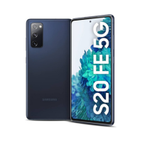 A Certified Refurbished Samsung Galaxy S20 FE 5G 128GB in Cloud Navy by Samsung is shown unlocked, displaying its vivid front screen and highlighting the sleek back with a triple camera setup.