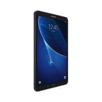 A black Samsung Galaxy TAB A SM-T580 16GB 10.1" tablet by Samsung is displayed at an angle, showing its front screen with the time 12:45 and several app icons, highlighting the slim, rounded design of this certified refurbished device.