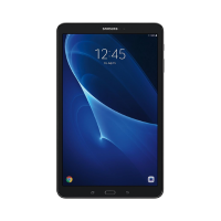A certified refurbished Samsung Galaxy TAB A SM-T580 Black 16GB 10.1 Tablet by Samsung features front-facing buttons, thin bezels, and a dark blue abstract wallpaper displaying 12:45 on its screen.
