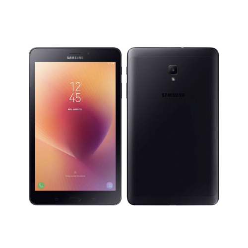 Front and back view of a black Samsung Galaxy Tab A 8.0 (2017) SM-T385 16GB Tablet | PARTS ONLY—ideal for SM-T385 replacement or repair. The screen shows 12:45 with a gradient; rear features Samsung logo and camera.
