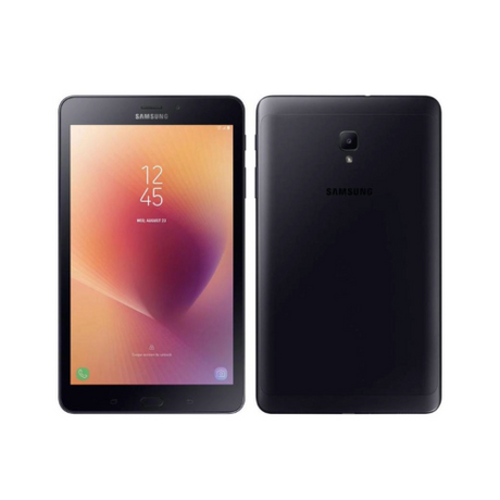 Front and back view of a black Samsung Galaxy Tab A 8.0 (2017) SM-T385 16GB Tablet | PARTS ONLY—ideal for SM-T385 replacement or repair. The screen shows 12:45 with a gradient; rear features Samsung logo and camera.