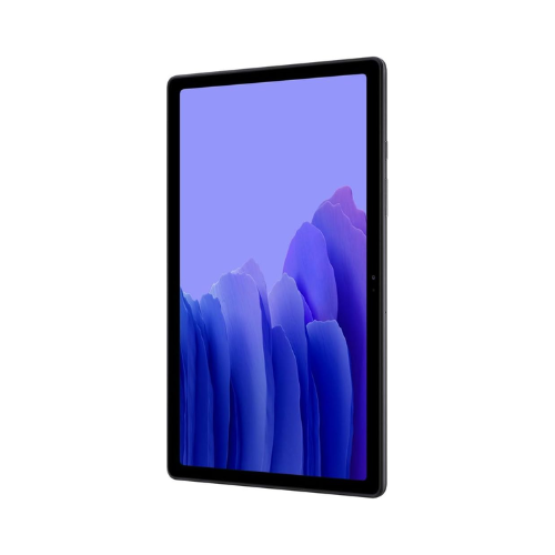 A certified refurbished Samsung Galaxy Tab A7 SM-T505 32GB Tablet in black with LTE, by Samsung, featuring a thin bezel and an abstract purple and blue screen design, displayed at an angle on a white background.