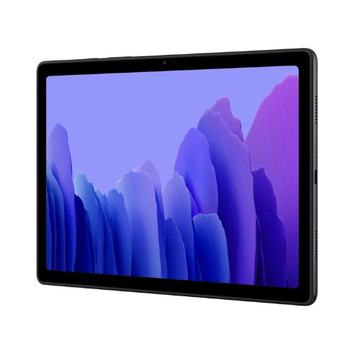 The Samsung Galaxy Tab A7 SM-T505 32GB Tablet in black features a slim bezel and is shown at an angle with a purple and blue abstract wallpaper on a white background. This certified refurbished Samsung device combines style with reliable performance.