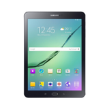 A certified refurbished Samsung Galaxy Tab S2 SM-T815Y 9.7" 32GB Black tablet displays its home screen with app icons, a weather widget at 20°C, the time 12:45, and a green-blue gradient wallpaper framed in black.