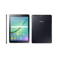 The Samsung Galaxy Tab S2 SM-T815Y 9.7" 32GB Black is displayed from the front with its vivid display, slim side profile, and rear showing the Samsung logo and camera. This certified refurbished tablet comes with warranty.