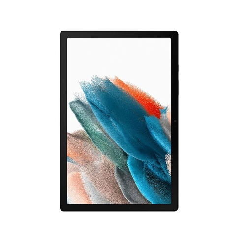 A SAMSUNG Galaxy Tab A8 SM-X205 64GB Midnight Black tablet with thin bezels displays an abstract blue, teal, orange, and beige image. Shown vertically on a white surface. Sold for parts only or as replacement parts.