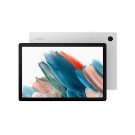 Front and back view of a SAMSUNG Galaxy Tab A8 SM-X205 64GB Midnight Black Tablet | Parts Only, showing an abstract colorful wallpaper—perfect for those needing replacement parts.