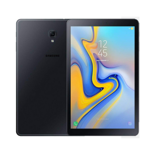 A Samsung Galaxy Tab A SM-T595 Black 32GB 10.5 Tablet is shown front and back. The display features a vibrant abstract wallpaper at 12:45, while the back shows the Samsung logo and single rear camera on this LTE model.
