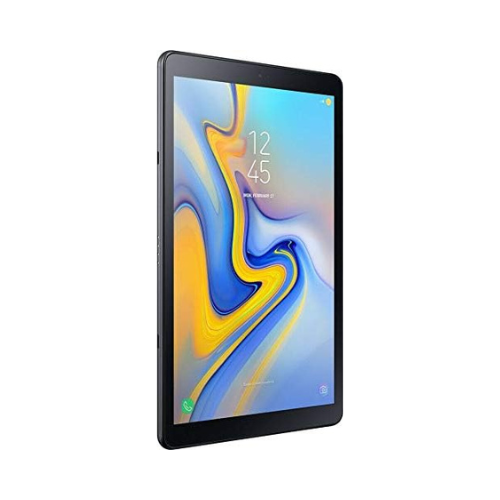 A Samsung Galaxy TAB A SM-T595 Black 32GB 10.5 LTE tablet by Samsung is shown at a slight angle on a white background, displaying a colorful abstract wallpaper with the time set to 12:45.