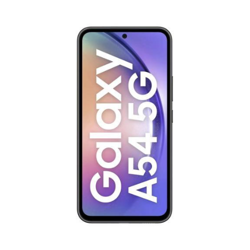 A refurbished Samsung Galaxy A54 5G 128GB Unlocked Smartphone by Samsung features a slim black bezel, centered front camera, and displays "Galaxy A54 5G" in bold white letters on a colorful gradient background.