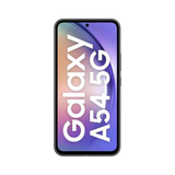 A refurbished Samsung Galaxy A54 5G 128GB Unlocked Smartphone by Samsung features a slim black bezel, centered front camera, and displays "Galaxy A54 5G" in bold white letters on a colorful gradient background.