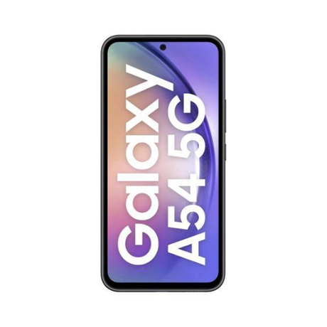 A refurbished Samsung Galaxy A54 5G 128GB Unlocked Smartphone by Samsung features a slim black bezel, centered front camera, and displays "Galaxy A54 5G" in bold white letters on a colorful gradient background.