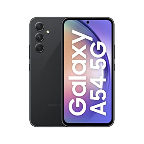 Front and back view of a black Samsung Galaxy A54 5G 128GB Unlocked Smartphone by Samsung, refurbished, with the screen showing "Galaxy A54 5G" in white text on a vibrant background.