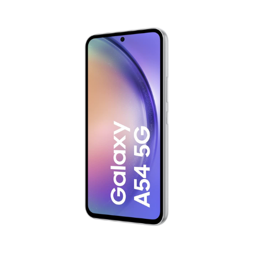 A refurbished Samsung Galaxy A54 5G 128GB Unlocked Smartphone by Samsung is shown from a front-side angle, its screen displaying vibrant gradients and the text 
