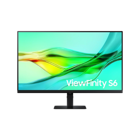 A sleek Samsung 32" QHD IPS monitor (2560x1440, 100Hz, USB-C, HDR10) displays a vibrant abstract of green and yellow waves. "ViewFinity S6" appears in white at the lower right, highlighting this advanced USB-C display.
