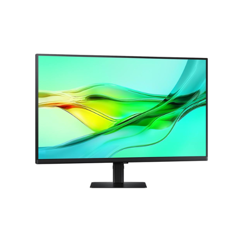 The Samsung 32" QHD IPS monitor (LS32D602UEEXXY) displays a vivid green and yellow abstract wave on blue, set on a black stand against a plain white background.