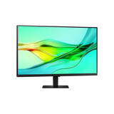 The Samsung 32" QHD IPS monitor (LS32D602UEEXXY) displays a vivid green and yellow abstract wave on blue, set on a black stand against a plain white background.